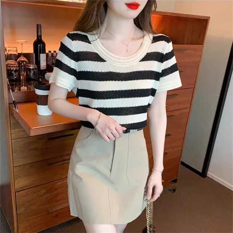 KC145 Retro striped shoulder t-shirt women's short-sleeved design niche hollow ice silk knit sweater top clothes