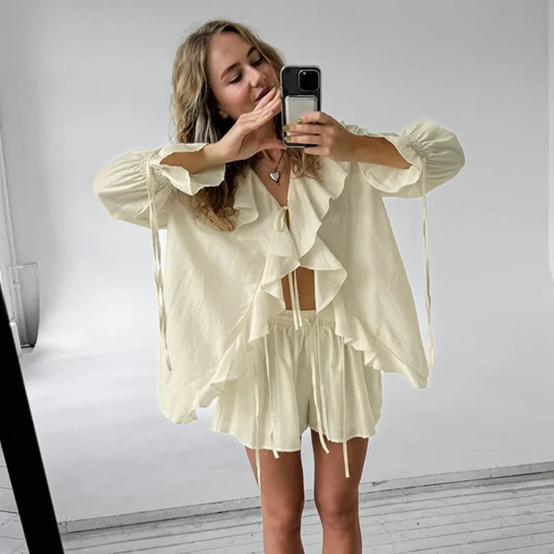 Tuularose Casual Shorts Two-piece Set Womens Ruffled Loose Tie Top Simple Shorts Set Office Lady Summer Female Shorts Set 250606