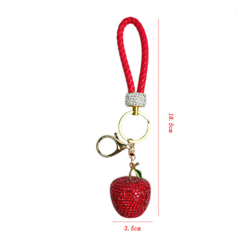 Fashionable, shiny and diamond-encrusted apple and cherry keychain, hand set with water diamonds, car keychain ring, bag pendant, decorative birthday 