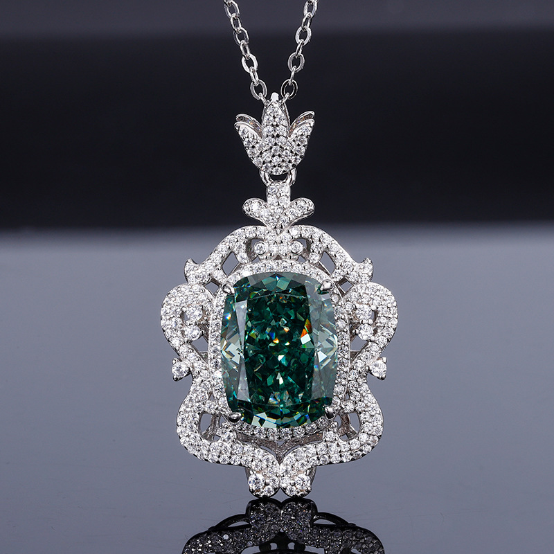S925 Silver High-Carbon Diamond Radiant Cut Chinese Red Vintage Pendant Necklace, 12x16mm Main Stone, Elegant and Stylish Women's Jewelry, Perfec