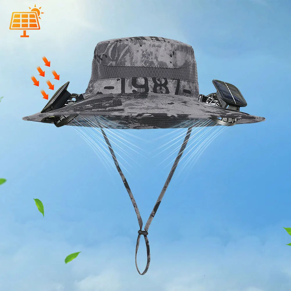 Solar Fan Hat Outdoor Fishing Hat Sun Hat with 2 Solar Fan Wide Brim Bucket Hat for Men Outdoor Camping Fishing Hiking 250529