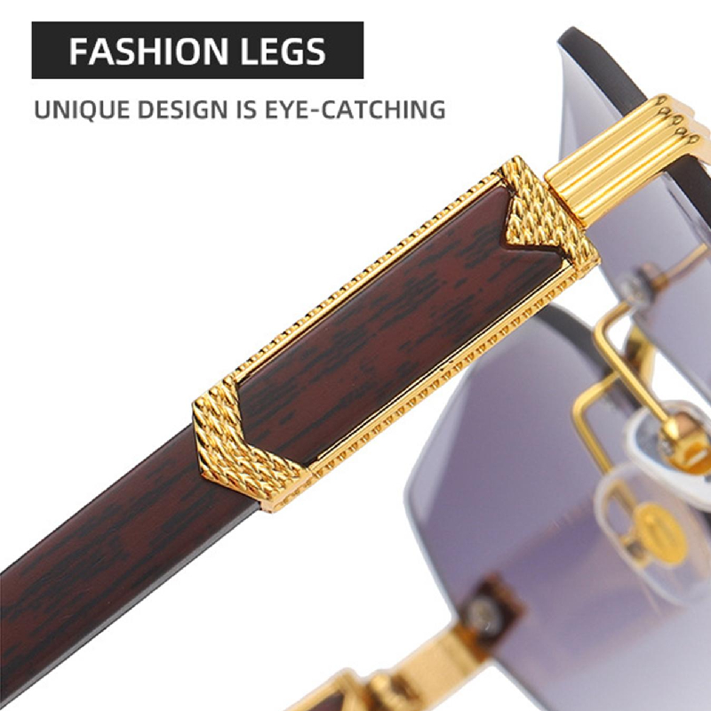 Women Luxury Rimless Sunglasses Rectangle Anti UV400 Color Lens with Wooden Grain Leg Unisex Retro Shades