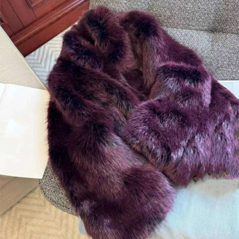 Winter Dark Purple Turn down Collar Lapel Hairy Shaggy Faux Coat Women Full Sleeve Furry Fur Warm Jacket Short Outerwear