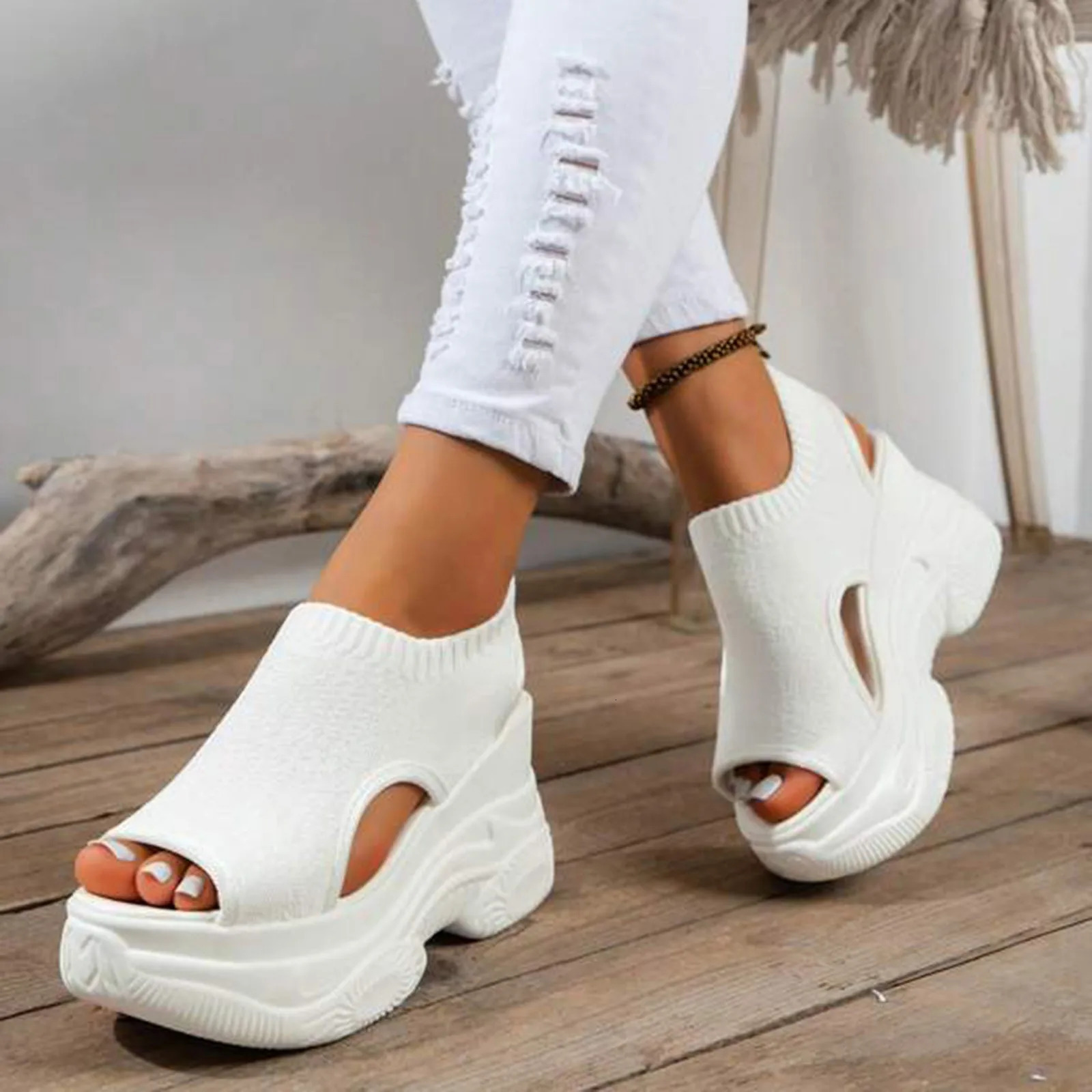 Thick Soled Sandals For Women Summer Mesh Breathable Peep Toe Sloping Heel Sandals Plus Size Sports Walking Mesh Flat Shoes 250609