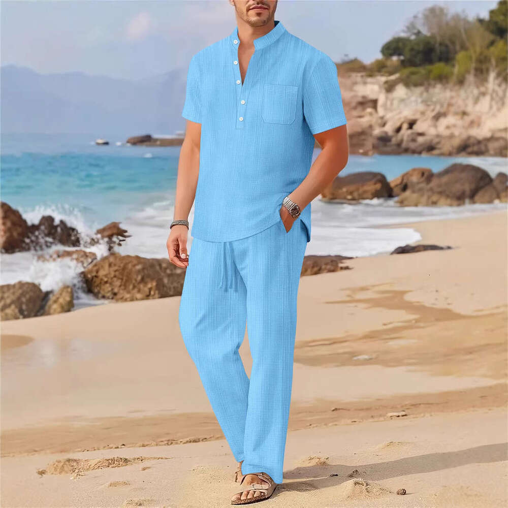 Spring/Summer New Men's Loose Casual Imitation Linen Short Sleeve Long Pants Set B5