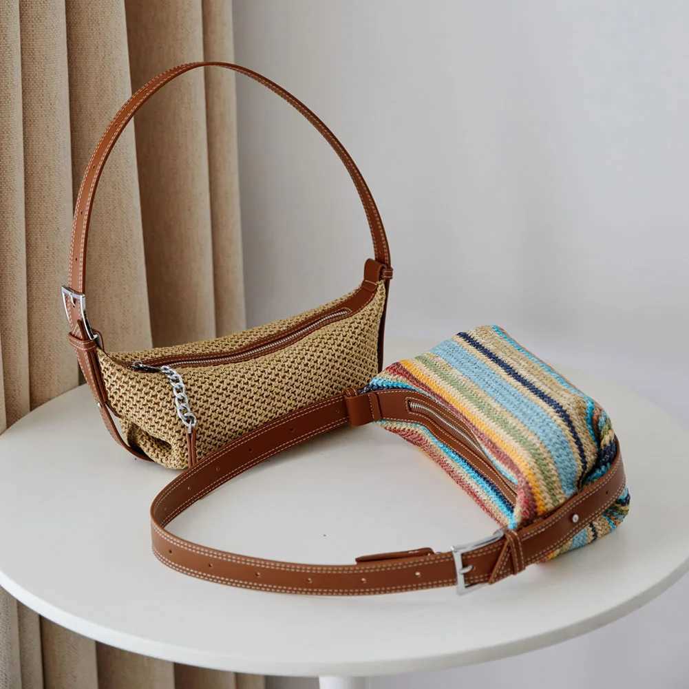 Women Simple Straw Beach Bag Adjustable Strap Crochet Hobo Bag Contrast Color Weaving Satchel Bag Ladies Summer Daily Bag XJ250610