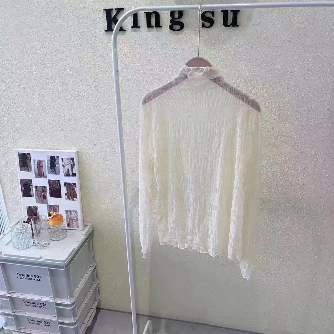 XL80 Autumn and winter new lace bubble shirt for women, fashionable and fairy-like, long-sleeved, half-high collar, mesh bottoming shirt