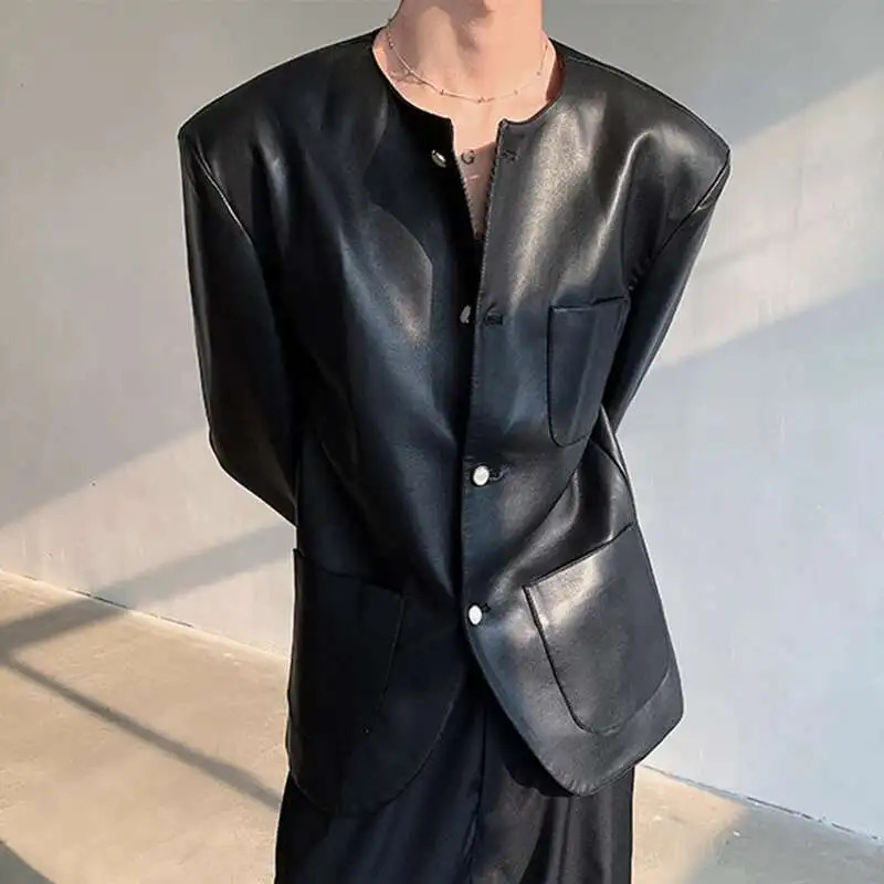 IEFB Spring Trendy Mens Pearl Button Slim Fit PU Leather Jacket Round Collar Korean Style Men Single Breasted Jackets 9W968 250611