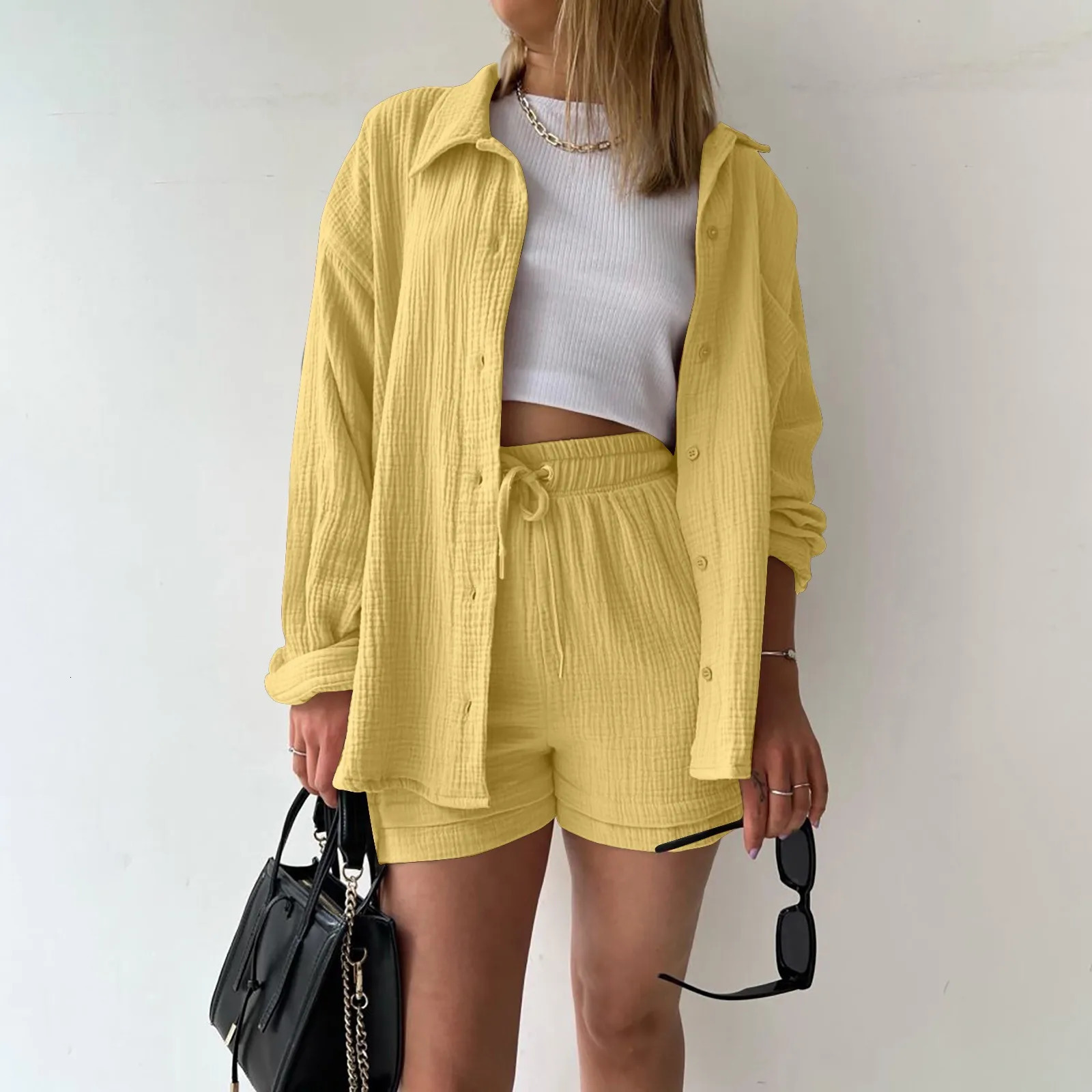 Summer Cotton Linen High Waist Shirt Shorts Women Turn Down Collar Long Sleeve Tops and Shorts Suit Cotton Casual Two Piece Sets 250606