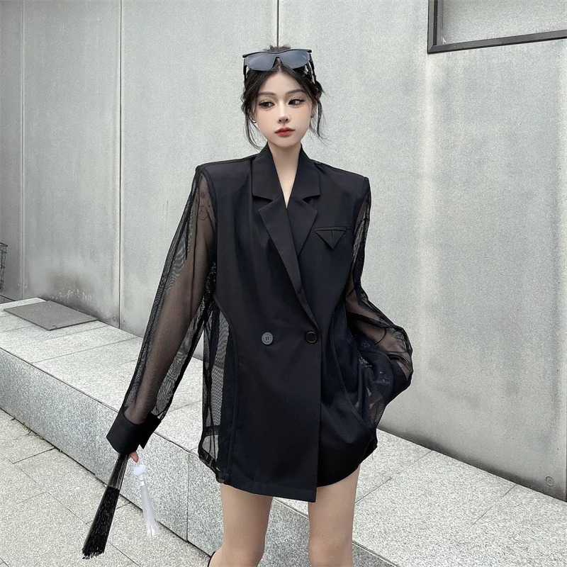 Womens Springsummer American Style Short Mesh Patchwork Blazer Retro Casual Solid Color Loose Irregular Jacket 250610