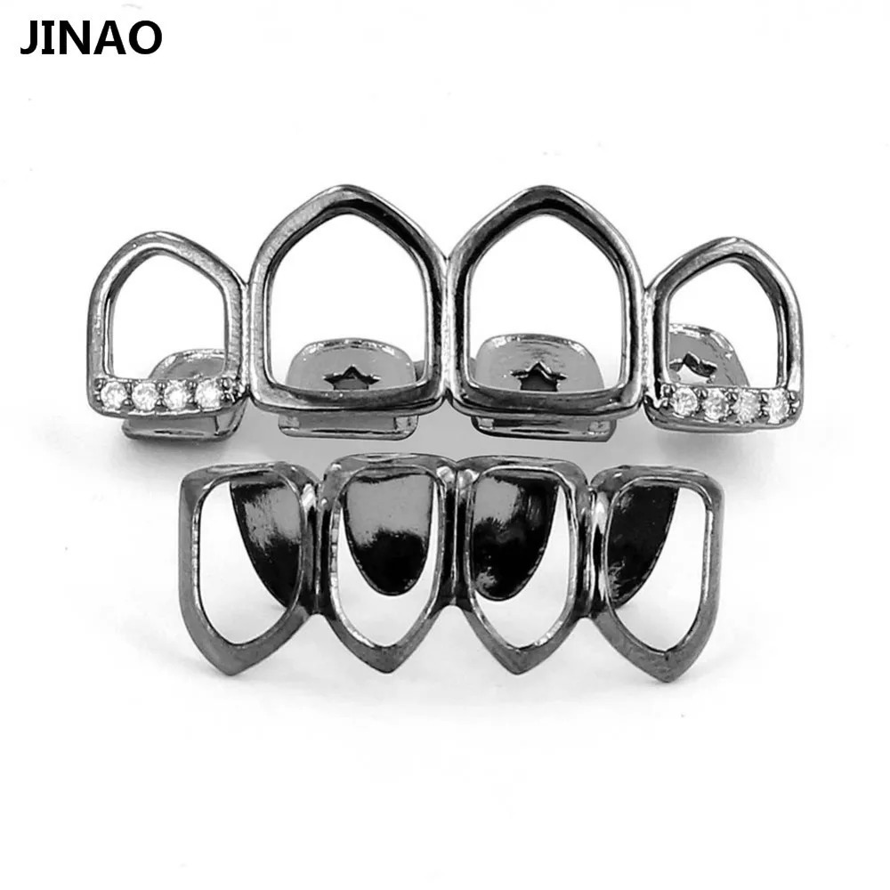 JINAO Grill Set Gold Color Plated Four Full Open Face Hollow Tooth Top with CZ Bottom Teeth Grills Sets For Men Women 250610
