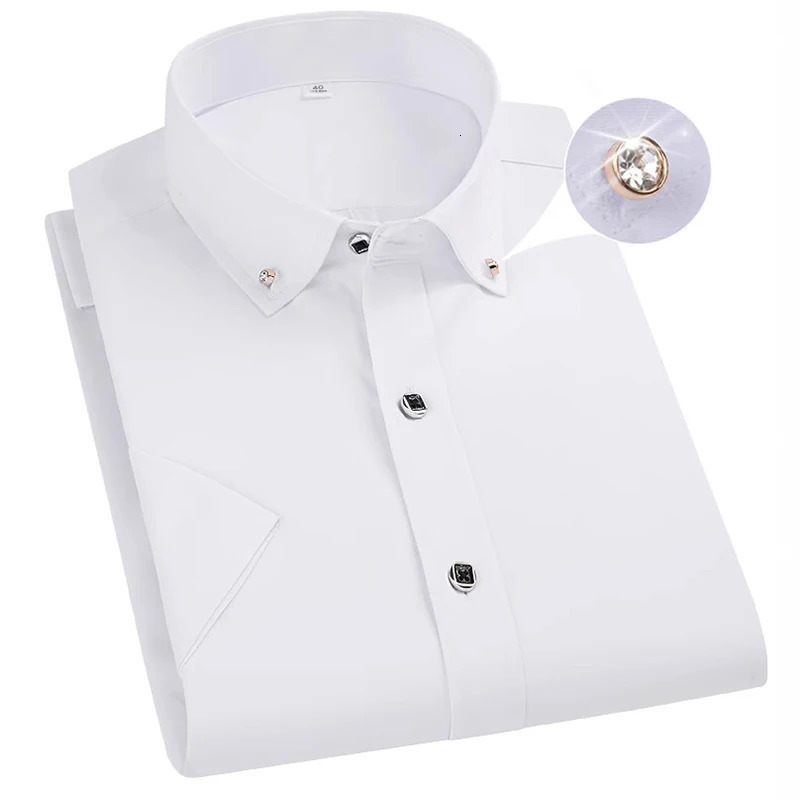 Fashion Formal Blue Shirt For Mens Short Sleeved Slim-Fit Business Classic Basic Diamond Button Wedding Social Shirts Male 250611