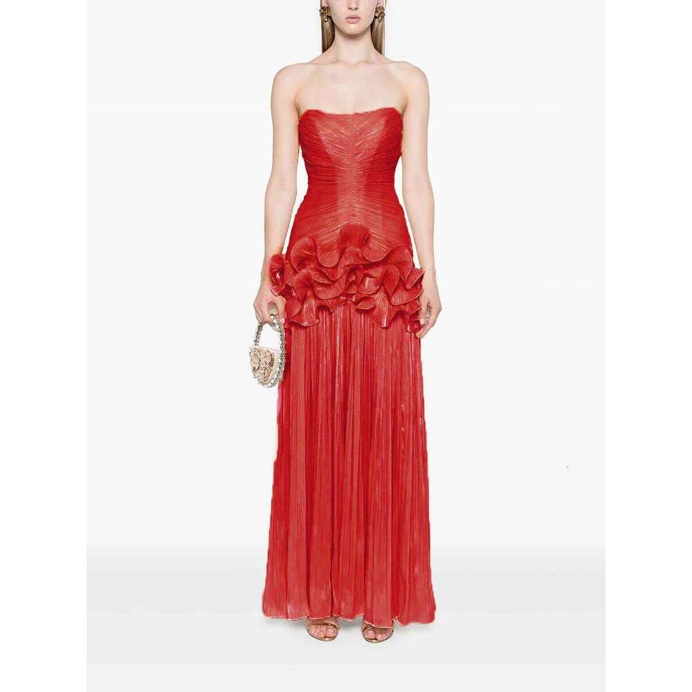 TWOTWINSTYLE Tempatement Patchwork Ruffle Slim Dress For Women Strapless High Waist Ruched Midi Elegant Dresses Female Fashion