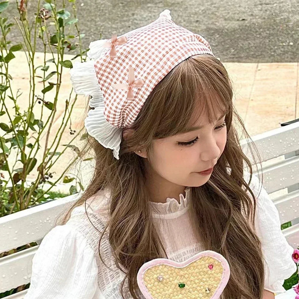 INS Lace Bow Hair Scarf Women Korean Triangle Hair Band Travel Po Headband Sunscreen Headscarf Girls Linen Cotton Neckerchief 250610