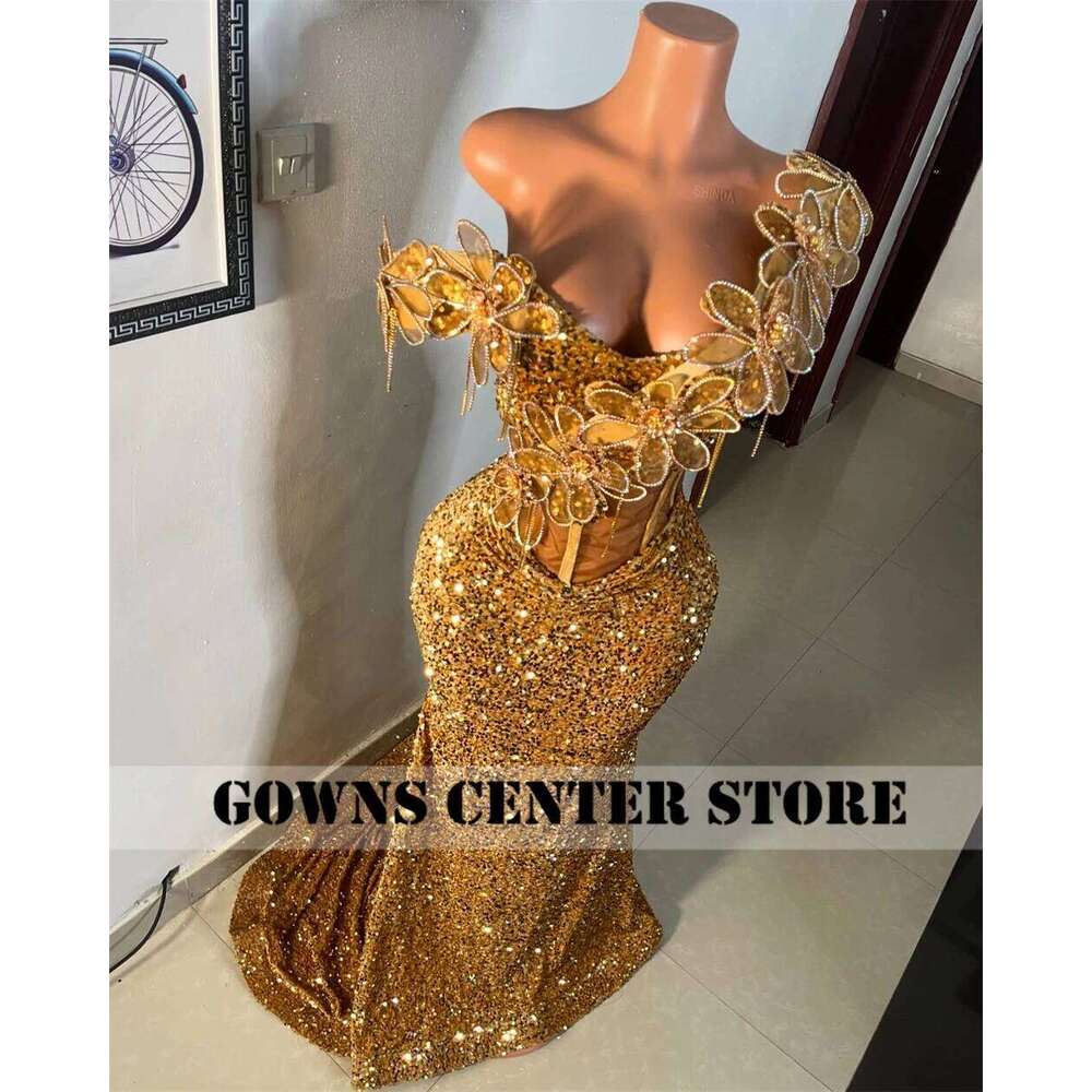 Sparkle Golden Aso Ebi African Evening Dresses Ruched Off The Shoulder Mermaid Formal Party Gowns Women 2025 Customized