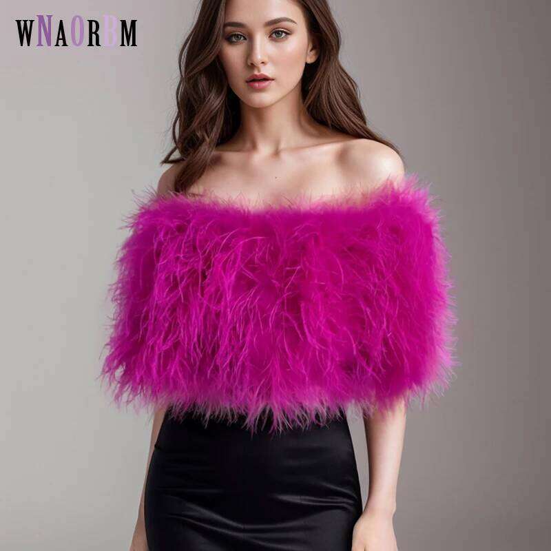 Natural Ostrich Feather Half Sleeved Off Shoulder Women's Top, Length 30Cm, Suitable For Parties, Nightclubs, Customizable Size