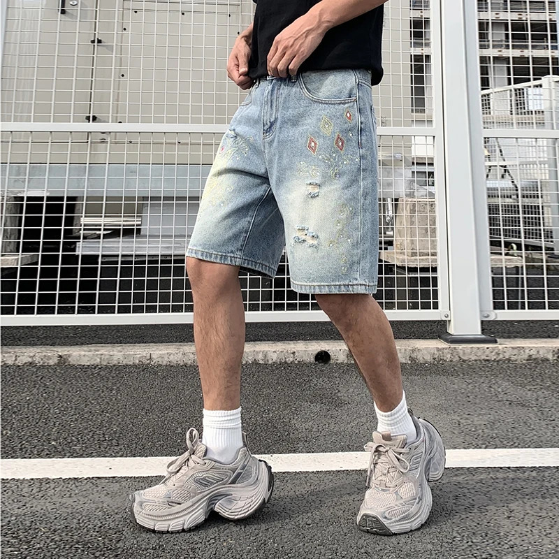 BGC9381 High Street Chinese style embroidery trend handsome diamond denim shorts mens loose casual five-minute pants 250611