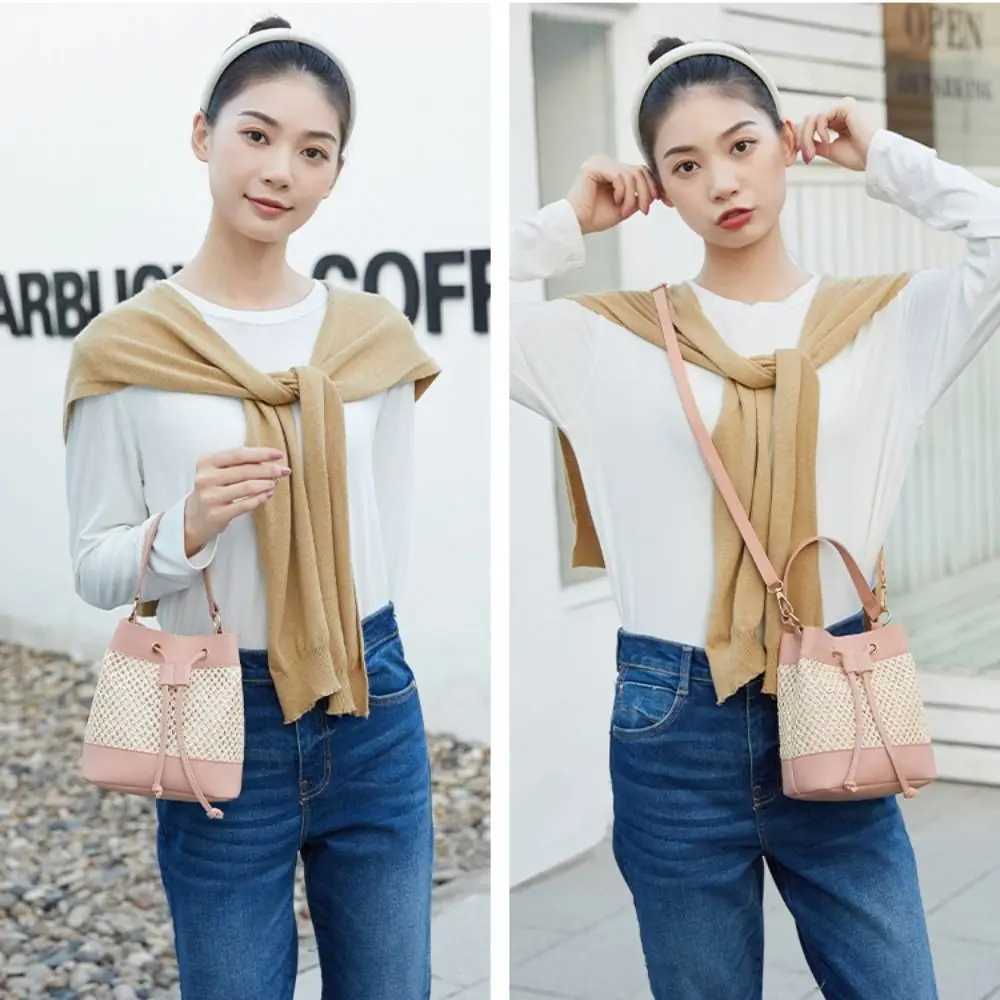 Fashion Bundle Pocket Straw Crossbody Bag Woven Commute Drawstring Bucket Bag Handbag Messenger Bag Beach Shoulder Bag Ladies XJ250610