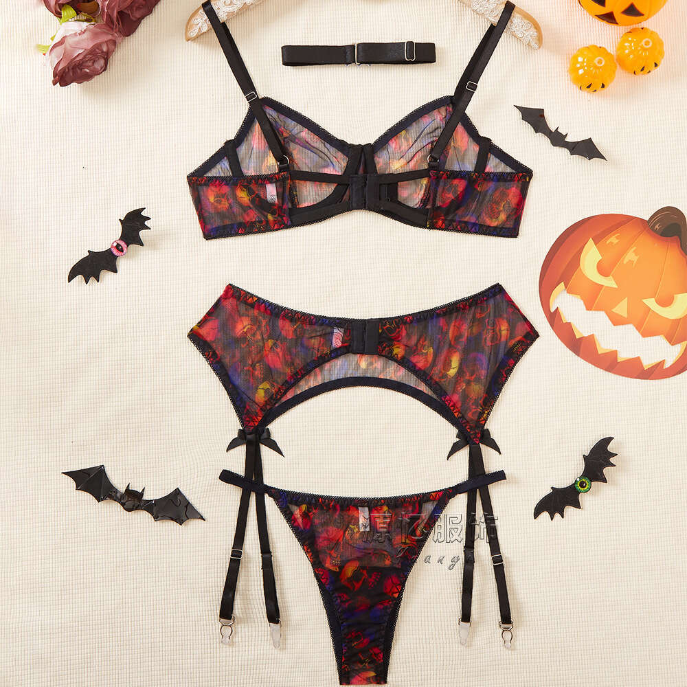 Spell Lingerie Porn Suits Halloween Sexy Lingerie Four Piece Skull Print Bat Neck Garter Belt Stockings Set New Style Sexy Lingerie