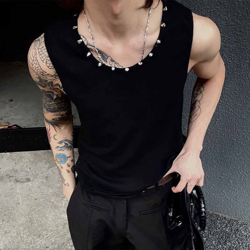 IEFB Mens T-shirts Sleeveless Summer Nail Drill Loose Round Neck Trendy Solid Color Simple Male Clothing 9W1728 250611