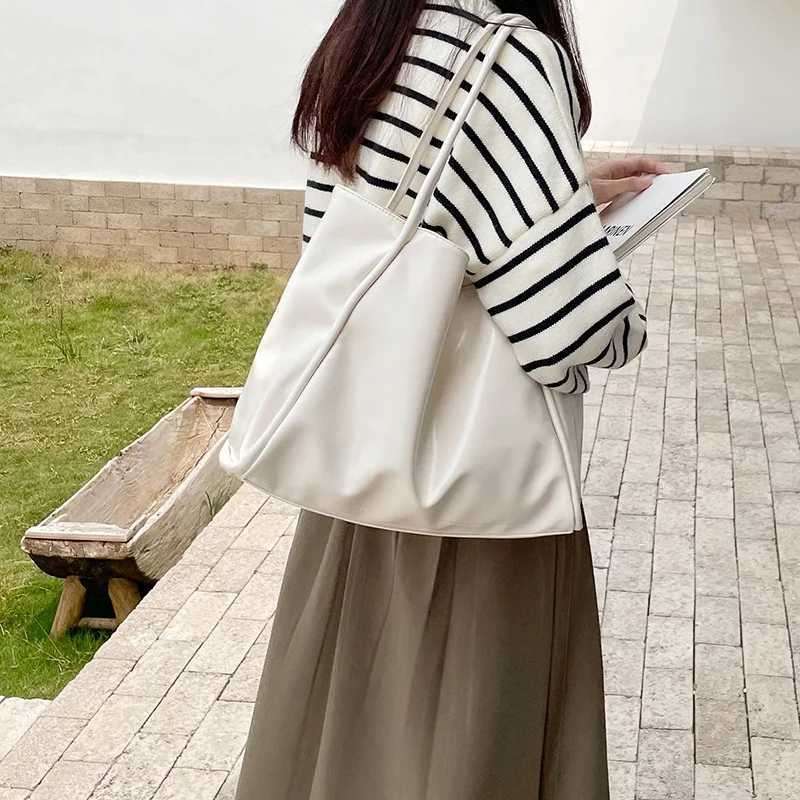 Women Tote Bag Retro Solid Color Underarm Pouch For Student Large Capacity Soft PU Leather Shoulder Bag Fashion Portable Bucket XJ250610
