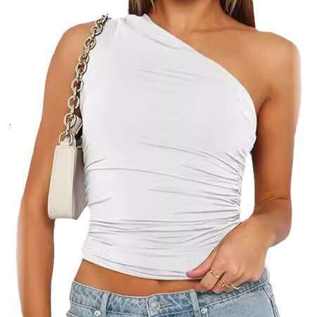 Summer Spicy Girl Unique Asymmetric Shoulder Inner Layer Base T-Shirt Crop Top Women's Fashion B5