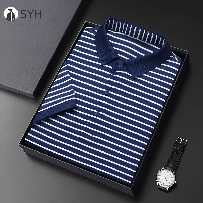 Mens Striped Cotton Business Casual Short Sleeve POLO Shirt Fashion Comfortable and Breathable Top 250610