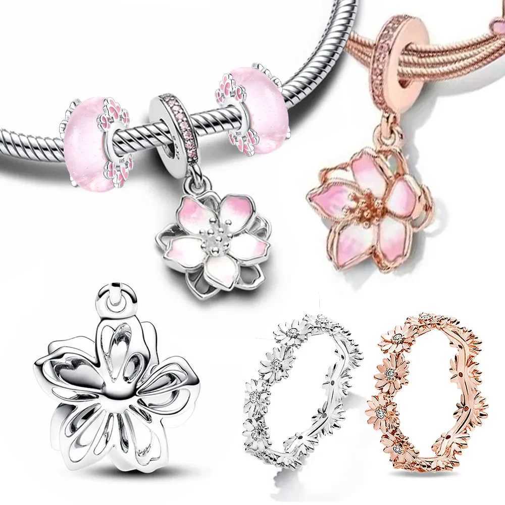 Silver 925 Cherry Blossom Pink Sweet Charms Beads Flowers Rings Fit Original Bracelet Charm Jewelry Bead for Women DIY Gift XJ250611