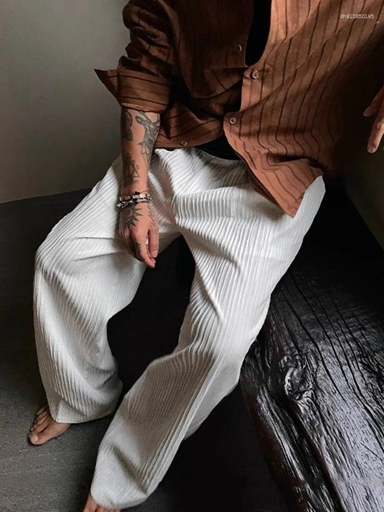 Mens Pants Breathable Ice Silk Ribbed Trousers Mens Summer Casual Straight Men Stylish Striped Textured Old Money Aesthetic