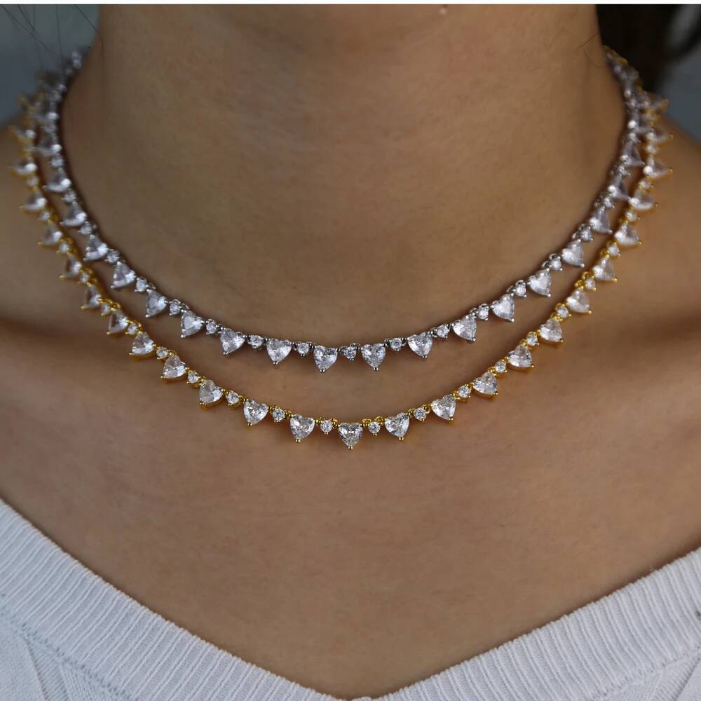 2025 Lover Valentine's Day Gift Sparking Bling Round Love Heart Cubic Zirconia Cz Tennis Choker Necklace For Women Girlfriend