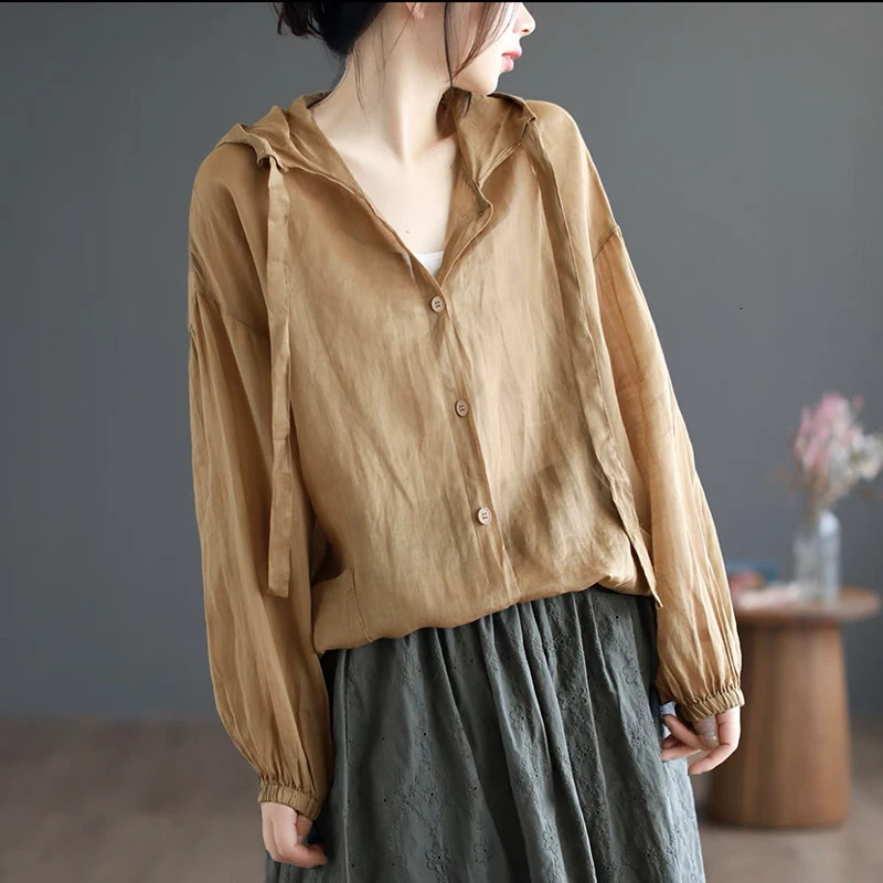 Thin section of cotton hemp hoodie female summer fashionable and elegant loose casual beach air conditioning sunscreen tops 250610