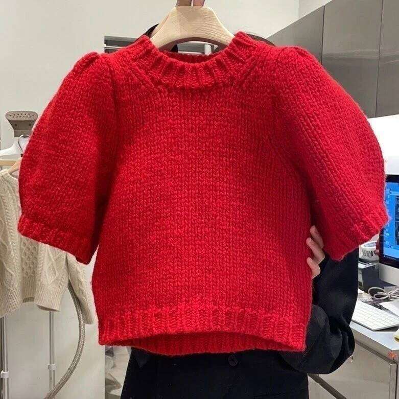 Summer New Fashion Solid Color Loose Knitted Round Neck Sweater Tops High Quality Short Sleeve Casual Women's Wear
