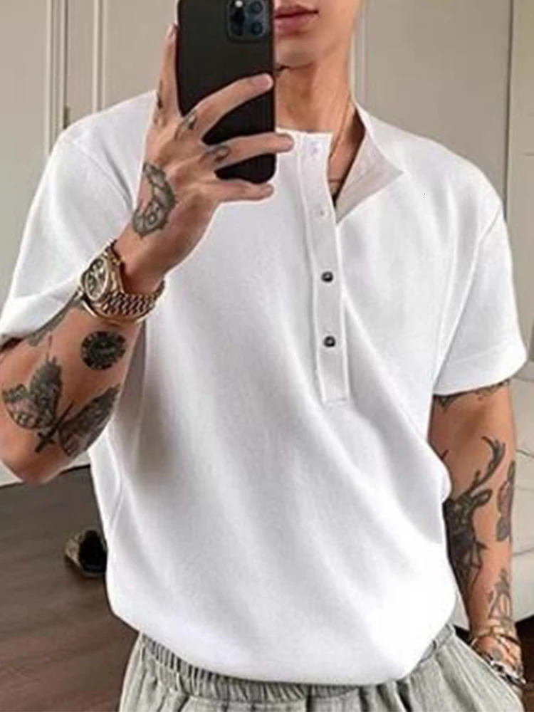 Knitting Solid Color Short Sleeve T Shirt Summer Casual Buttoned Textured Men Tshirts Fashionable Mens Henley Neck Shirts 250610