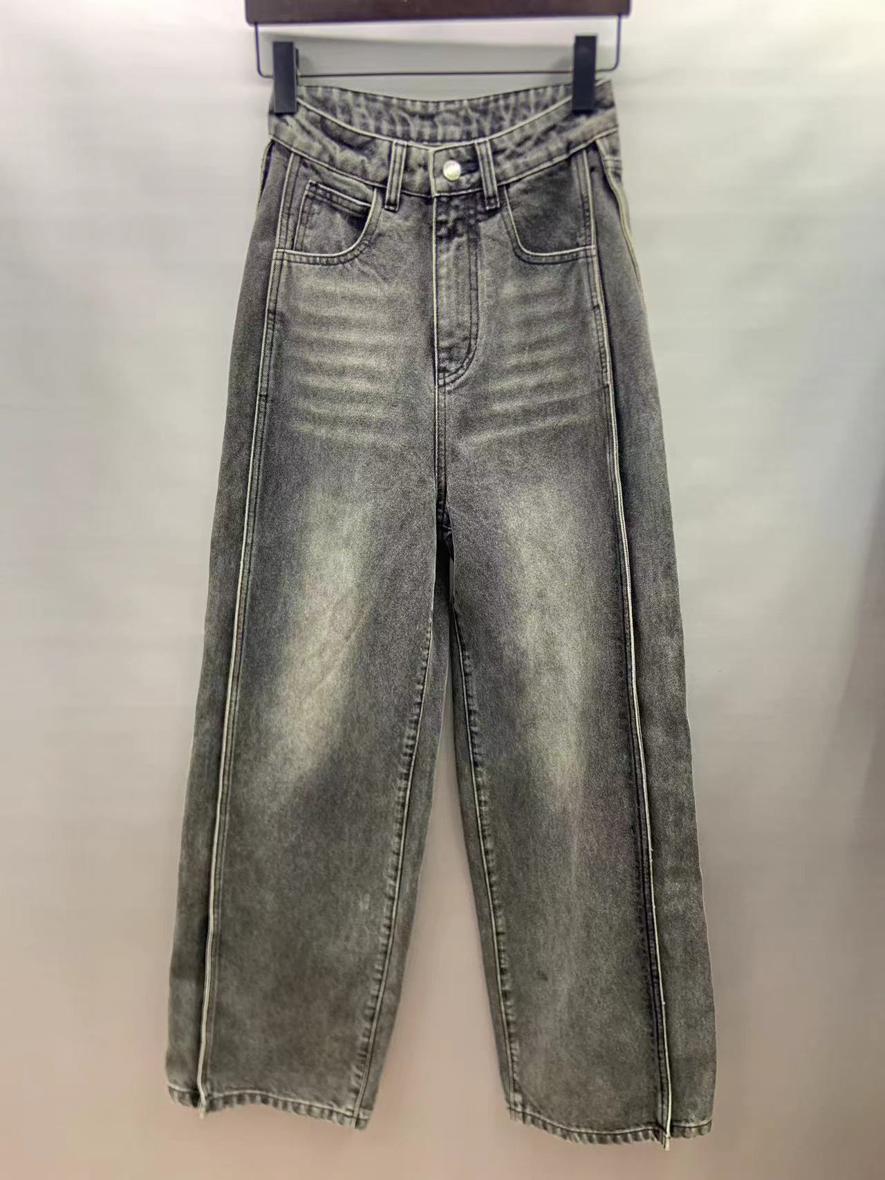 Factory Customized Wholesale Vintage Gray Washed High Waist Spliced Jeans 24-0803