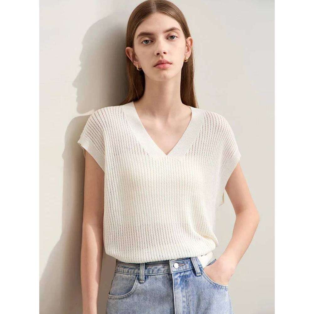 Amii Minimalism Sweater Women 2024 Summer T-shirt Knit Raglan Short Sleeve V-neck Loose Hollow Out Pullovers Tops 12422156