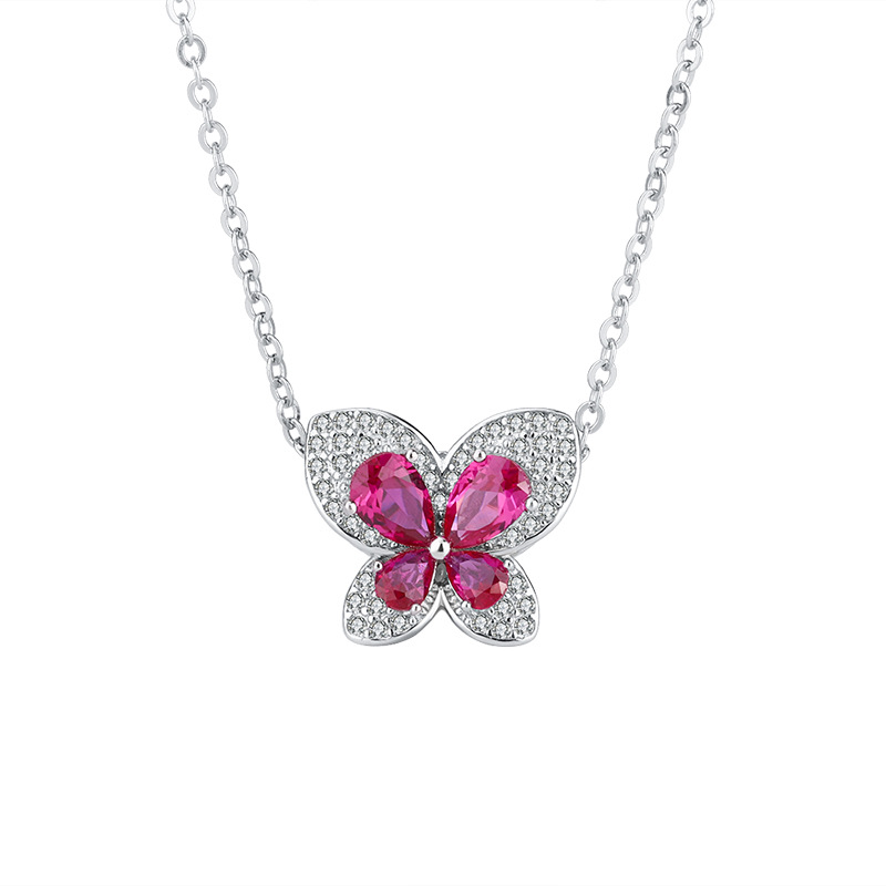 New S925 Silver Butterfly Pendant Necklace, Faux Pigeon Blood Ruby with Full Diamond Inlay, Elegant and Stylish Jewelry for Women
