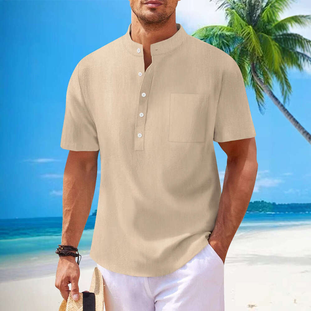 Spring Summer Men's Cotton Linen Stand Collar Short Sleeve Loose Casual Henley Shirt Men B5