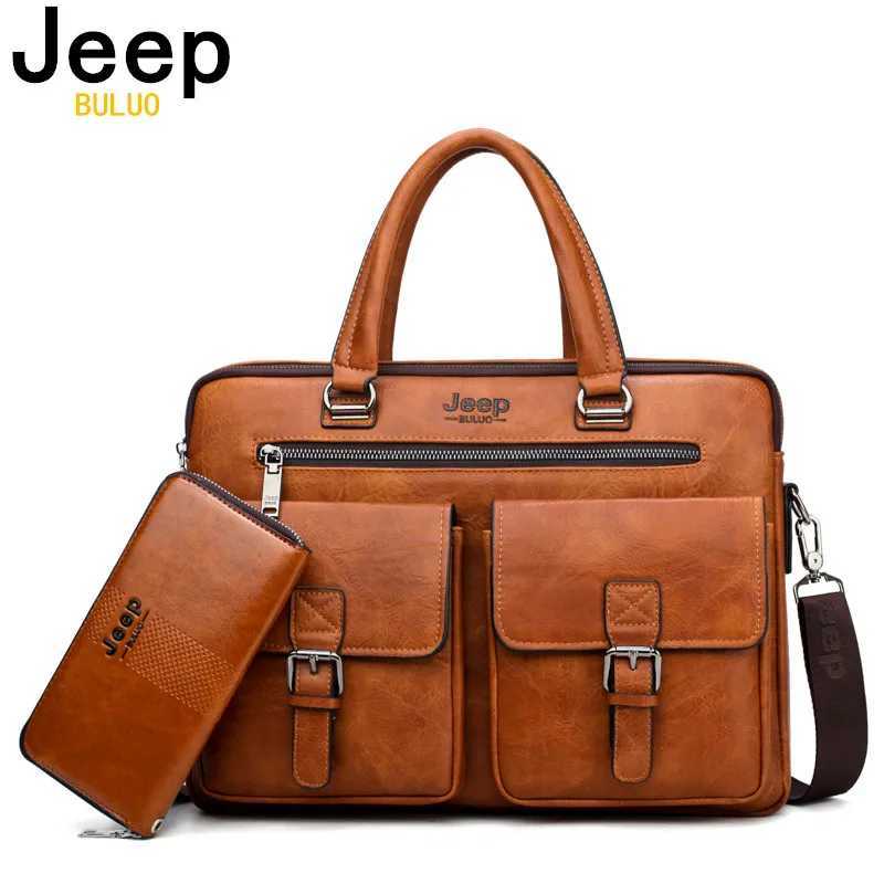 JEEP BULUO Brand Mans Business Briefcase Bag 2pcs/set Split Leather High Quality Mens Office Bags For 13.3 inch Laptop A4 Case W250610