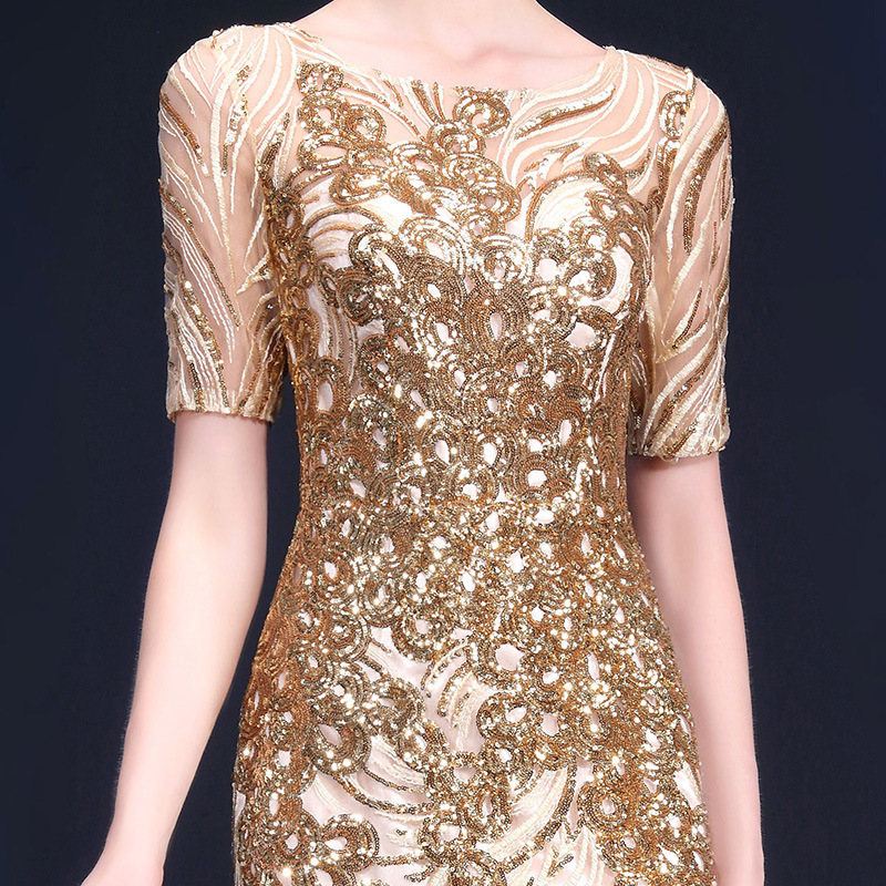 Customized Long sleeves womens formal prom dress sequined gold long wedding party dress Ceremony Dress mothers formal dress 250102
