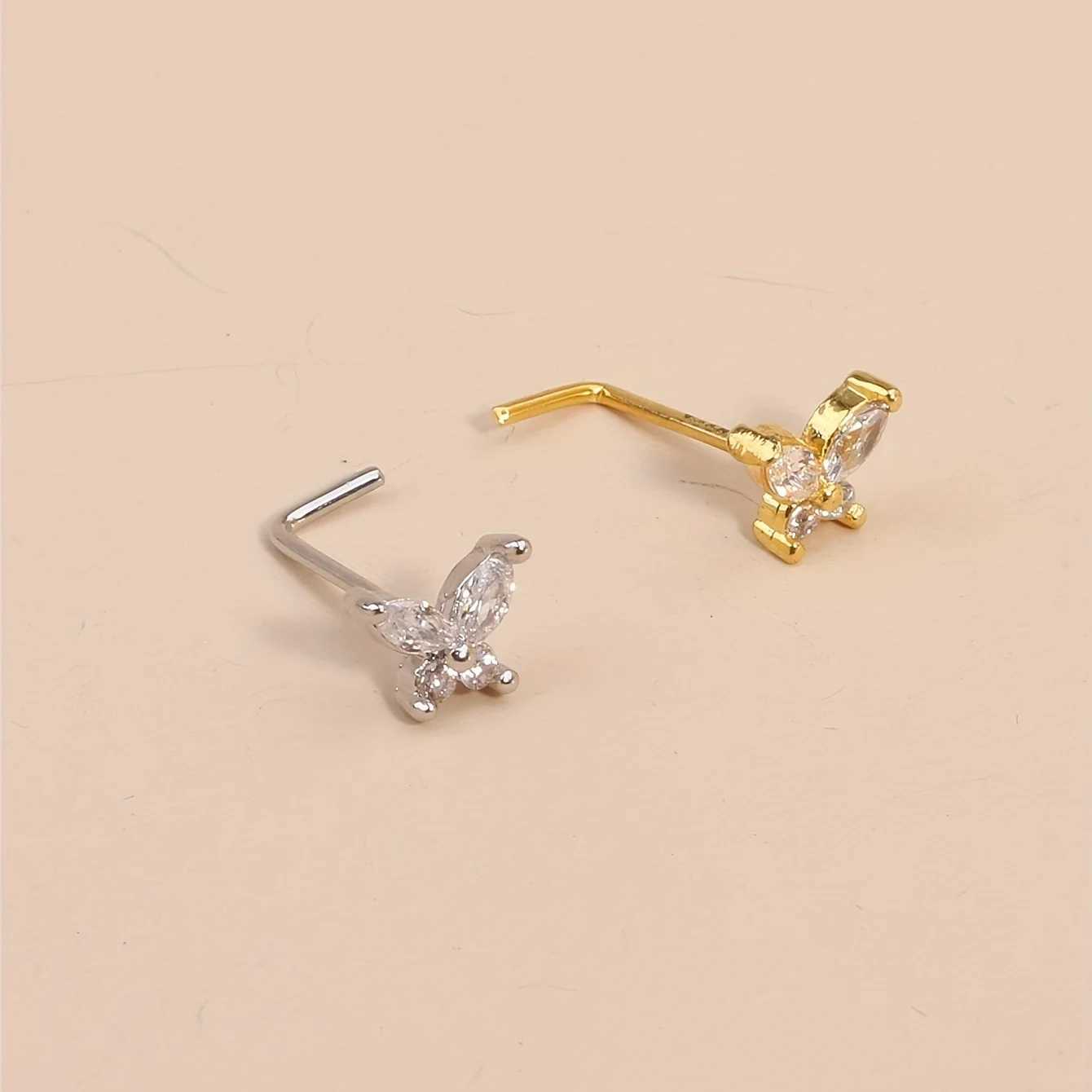 Nose Rings Stainless Steel L Shaped Nose Studs Butterfly Screw Nose Stud for Women Men Nose Piercing Jewelry Silvery/Golden W250611