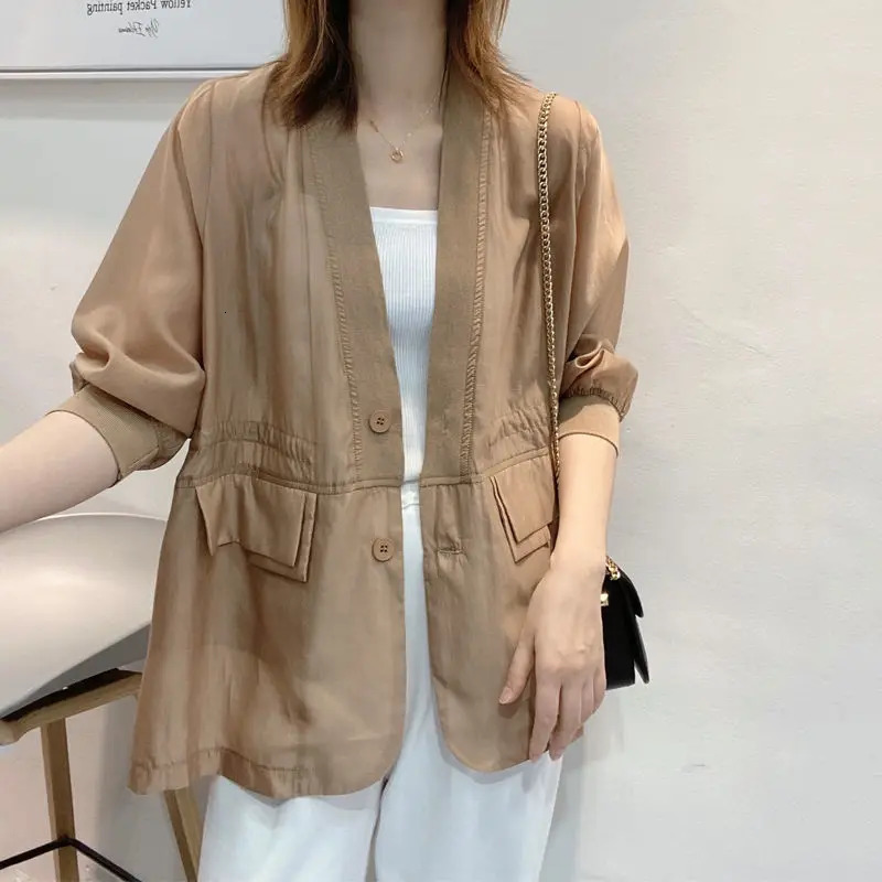 Plus Size Waist Tie Vneck Black Blazer Women Summer Cardigan Sunscreen White Jacket Korean Fashion Casual Pocket Outerwear 250610