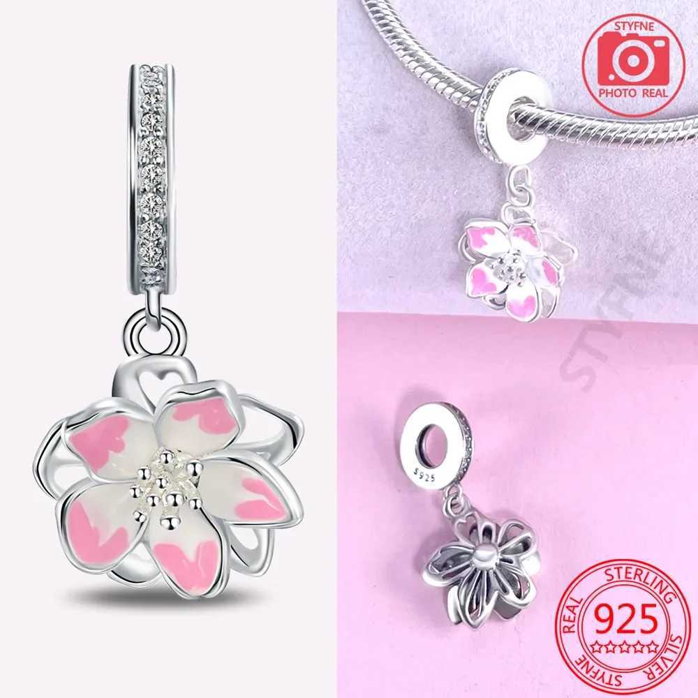 Silver 925 Cherry Blossom Pink Sweet Charms Beads Flowers Rings Fit Original Bracelet Charm Jewelry Bead for Women DIY Gift XJ250611