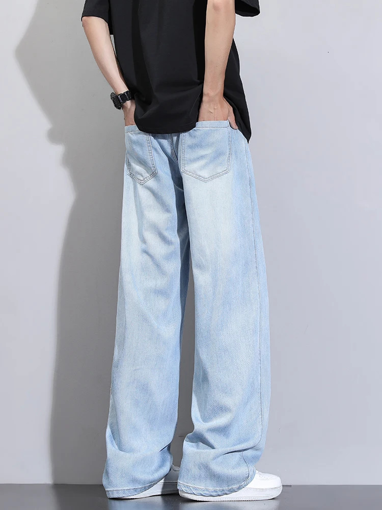 Summer Lyocell Jeans Men Korean Fashion Wide Leg Straight Denim Pants Light and Thin Cool Baggy Jeans Trousers 250611