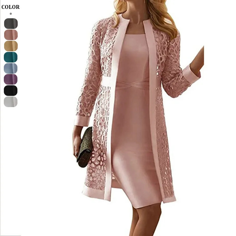 Wein Lace Cardigan Dress with Two Coats Lady Female Woman Skirt Dresses Coat Set Suit Hollow Out Cotton and Linen Formal Office 250606