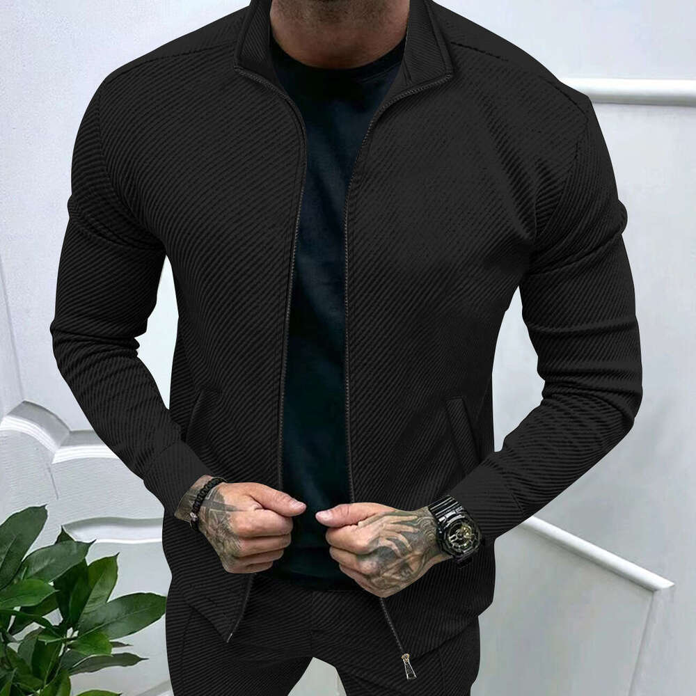 Men's Fashion Autumn Winter New Twill Jacquard Long Sleeve Slim Fit Zipper Jacket Coat B5