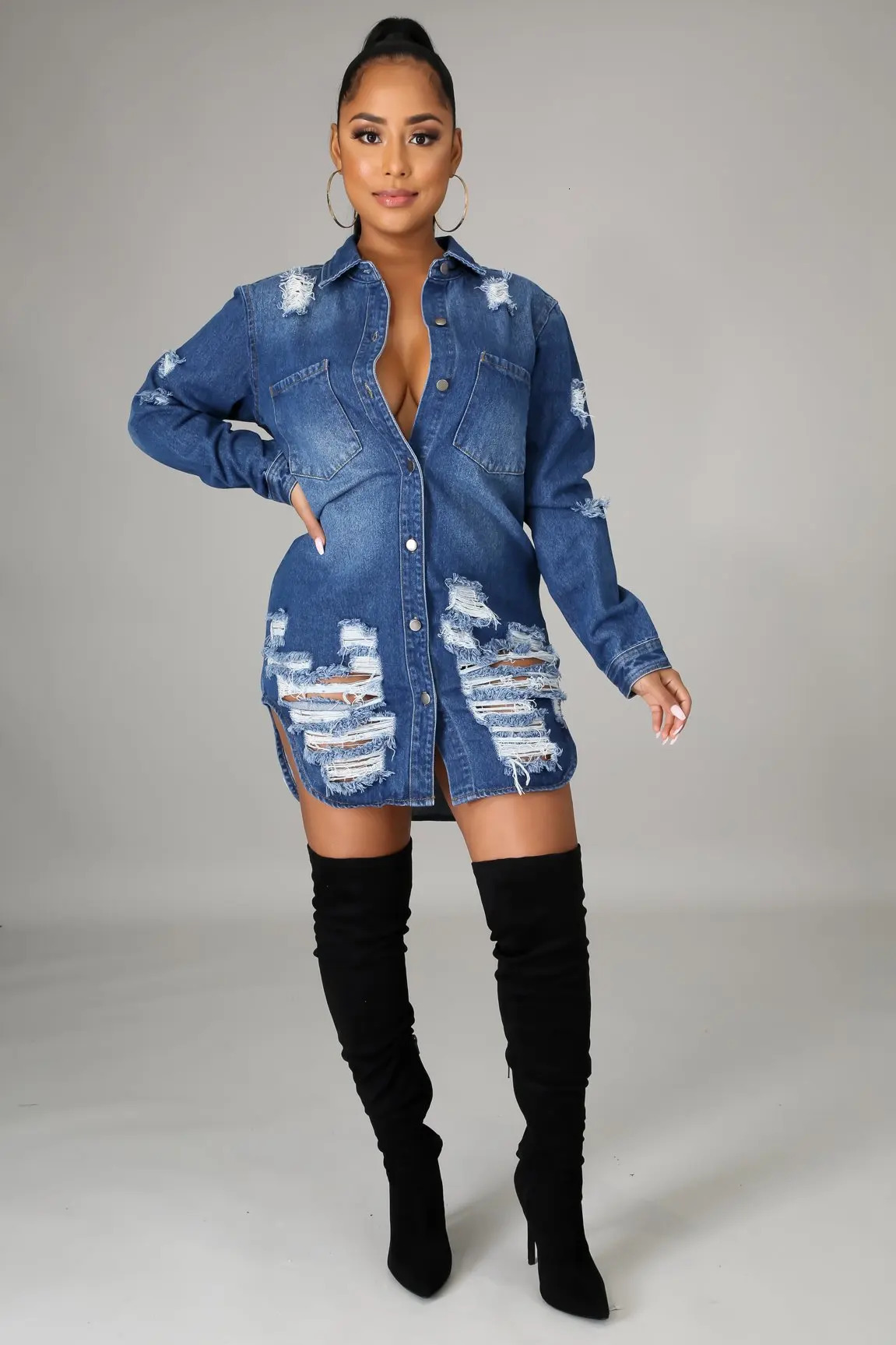 Ripped Distressed Denim Coats with Holes Turn Down Collar Single Button Women Jackets Loose Fit High Street Pockets Solid 250609