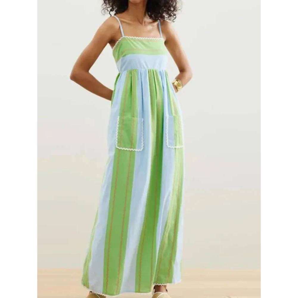 Elegant Suspenders Contrast Lace Stripe Bohemian Summer Retro Backless Hollow Pocket A-line Maxi Dress For Women 2025