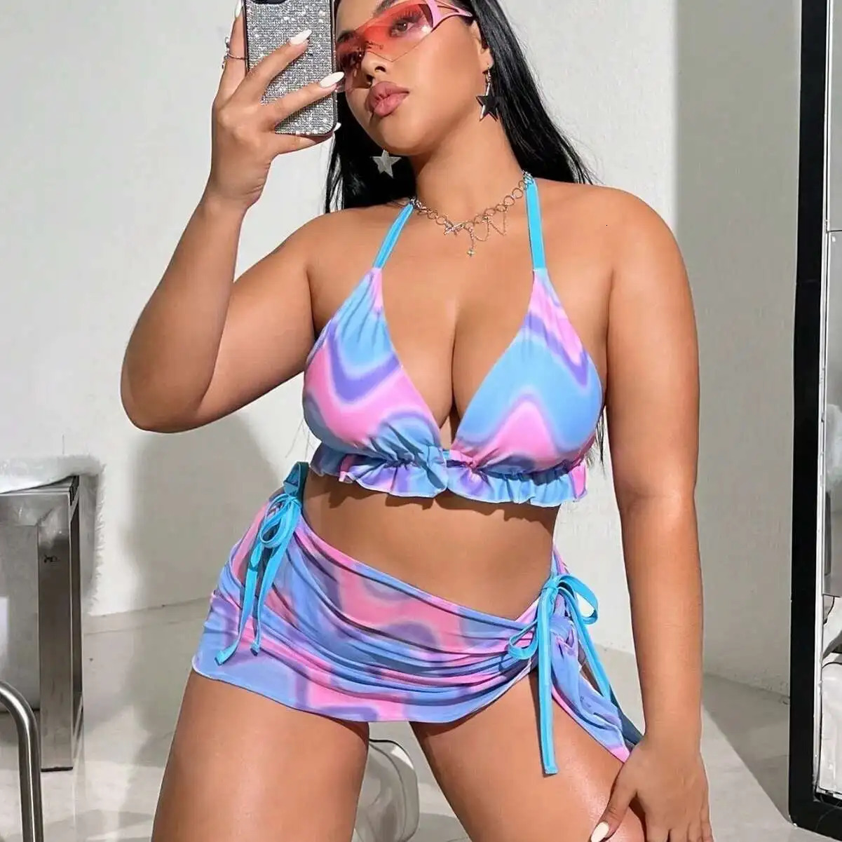 Large Size Split Swimsuit Womens Sexy Bikini Three Piece Set with Printed Colors Elegantes Casual Y2k 250530