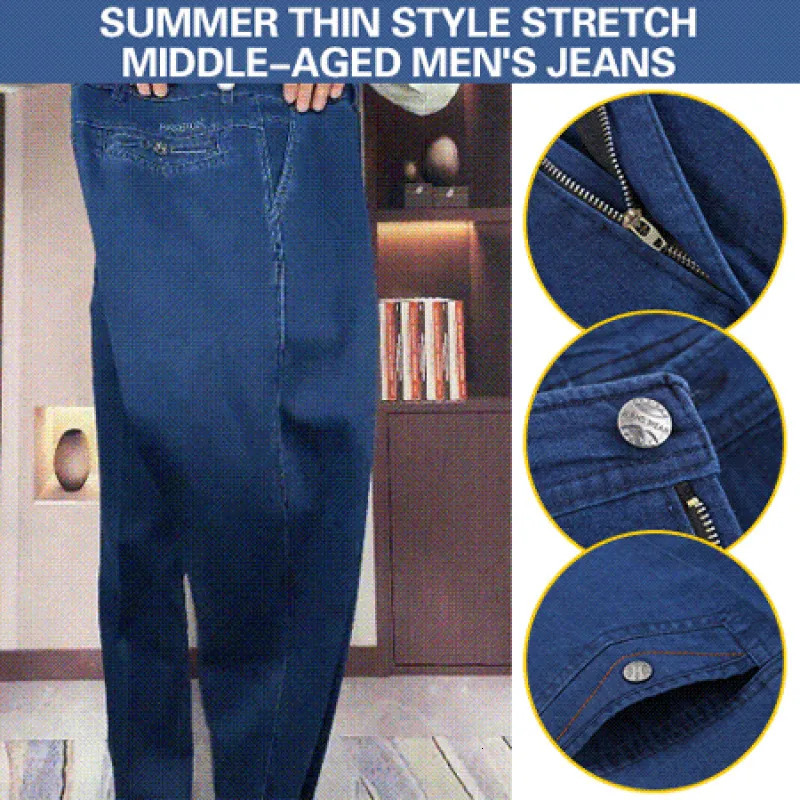Men Quality Stretch Fit Jeans Thin High Waist Summer Classic Baggy Fashion Elasticity StraightLeg Pants 250610