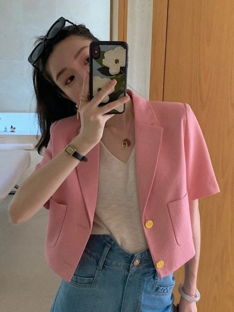 Korean Fashion Office Work Blazer for Women Elegance Casual Simple Suit Jackets Solid Color Summer Shorts Sleeve Womens Blazers 250610